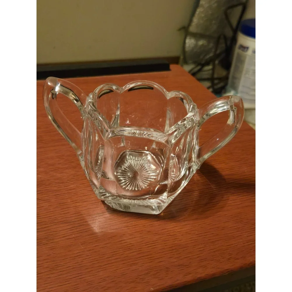 Vintage Pressed Glass Sugar Bowl Double Handle Scalloped Sunburst Hexagon Base
